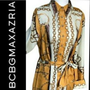 BCBGMAXAZRIA SHIRT DRESS BELTED BUTTON TAB YELLOW SCARF PRINT SATIN XS WOMENS XS